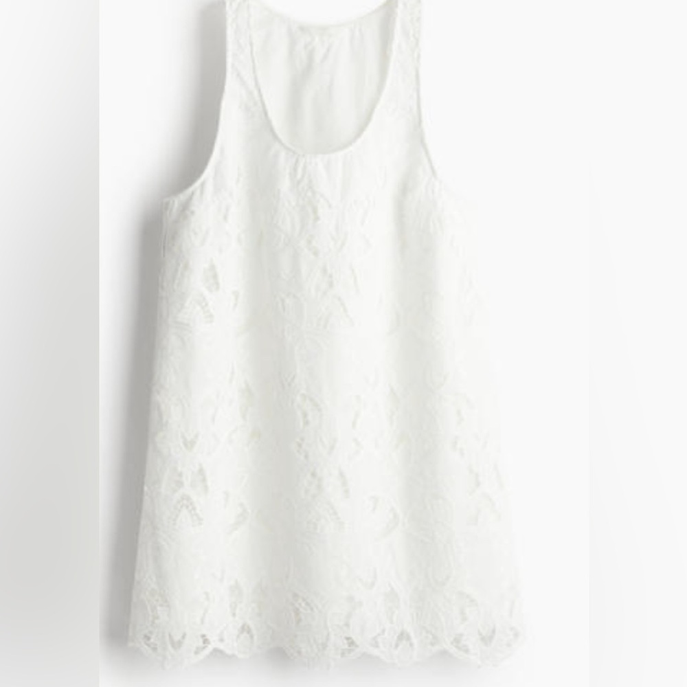 H&M White Mini Sleeveless Shift Dress with Eyelet Embroidery
